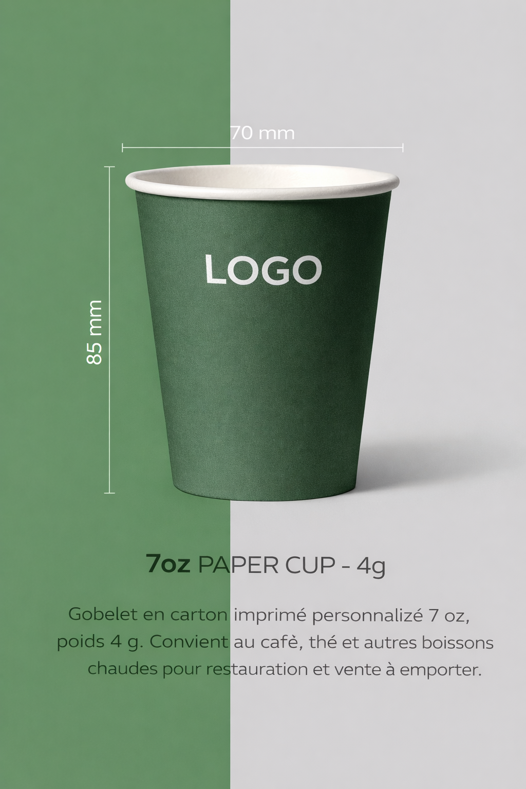 Gobelet en carton 7oz ~200ml, impression personnalisee, ideal pour boissons chaudes a emporter