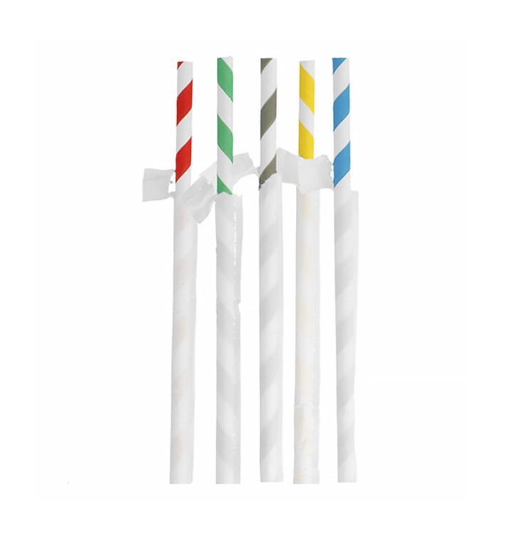 Paille en papier compostable Jumbo rouge et blanche emballée individuellement 230 x 8 mm