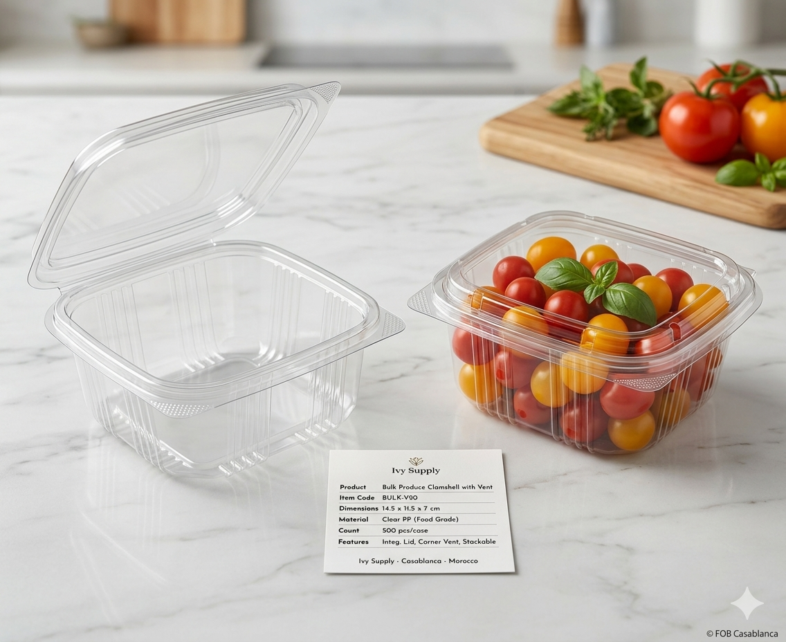 Barquette alimentaire etanche en PET transparent avec couvercle charnière, capacite 250 cc.