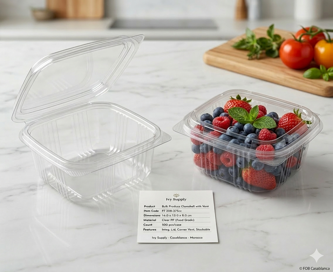 Barquette alimentaire etanche en PET transparent avec couvercle charnière, capacite 375 cc.