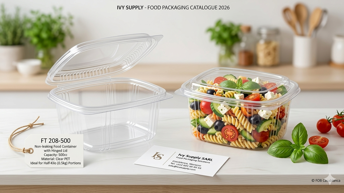 Barquette alimentaire etanche en PET transparent avec couvercle charnière, capacite 500 cc.