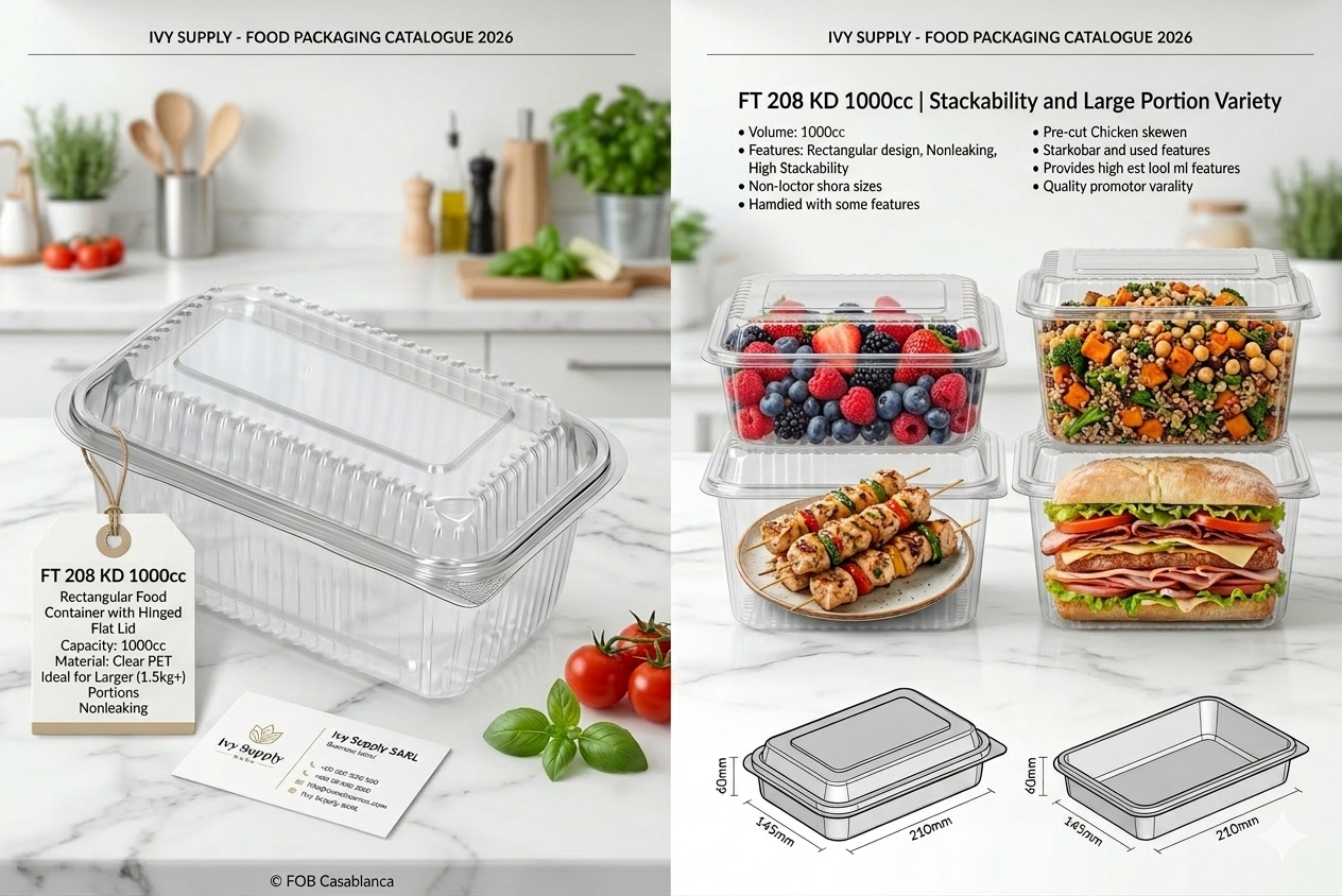 Barquette rectangulaire etanche en PET/PP avec couvercle charnière plat, capacite 1000 cc.