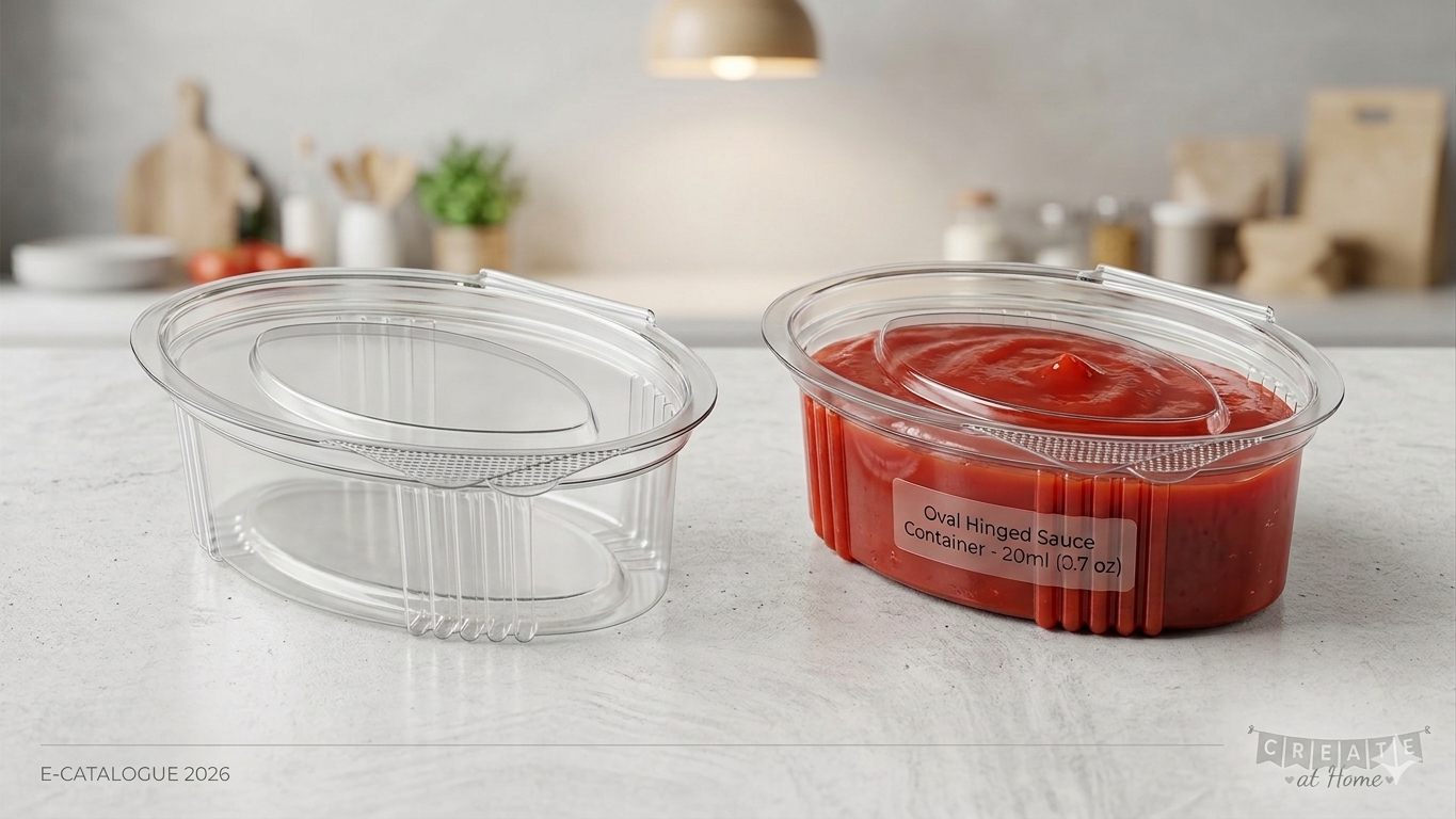 Pot a sauce ovale transparent en PET avec couvercle charnière, capacite 20 cc, ideal pour sauces et condiments.