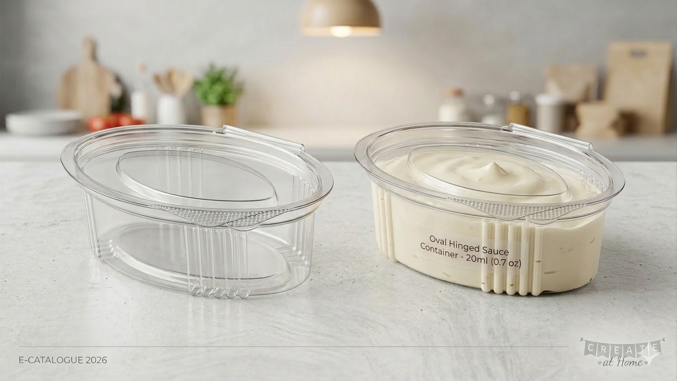 Pot a sauce ovale transparent en PET avec couvercle charnière, capacite 30 cc, pour portions individuelles.