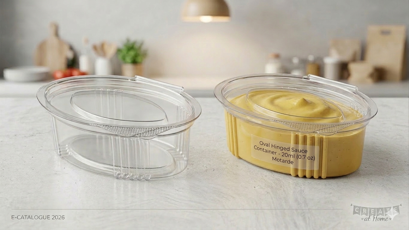Pot a sauce ovale transparent en PET avec couvercle charnière, capacite 50 cc, pratique pour sauces et accompagnements.