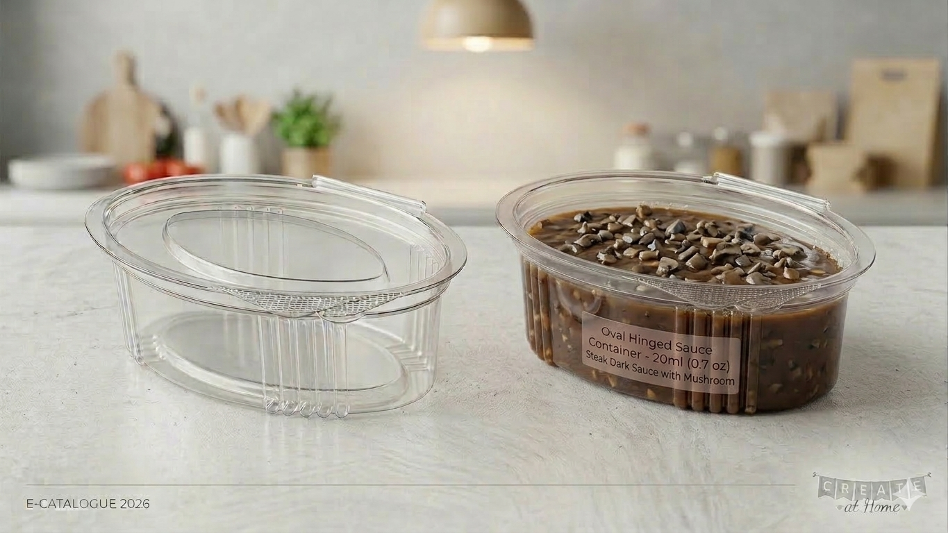 Pot a sauce ovale transparent en PET avec couvercle charnière, capacite 80 cc, adapte aux portions plus genereuses.