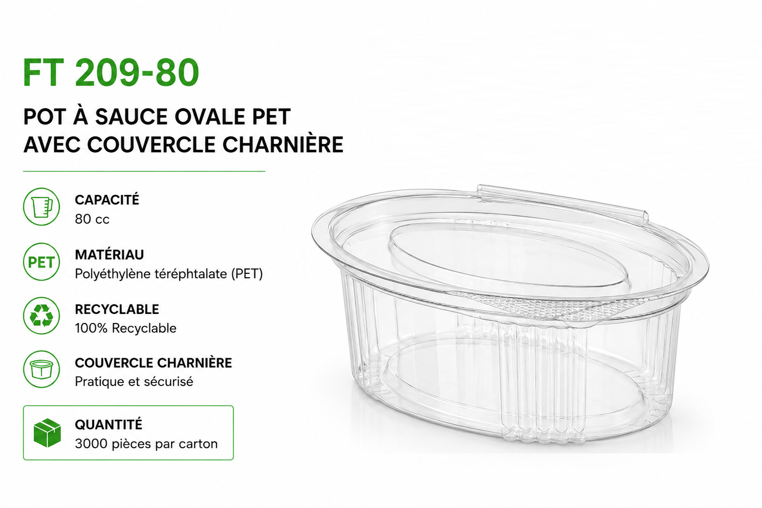 Pot a sauce ovale transparent en PET avec couvercle charnière, capacite 80 cc