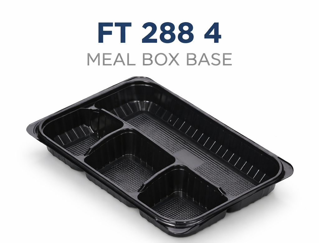 Barquette repas en PP, base avec 4 compartiments, ideale pour menus complets et plats a emporter.