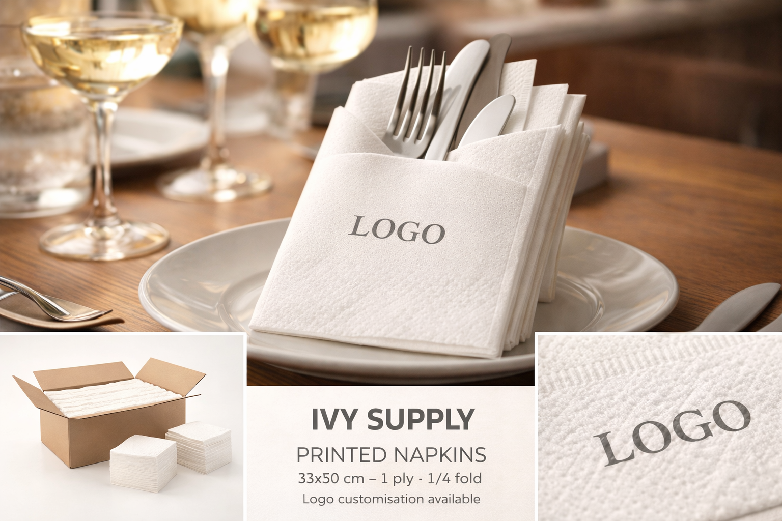 Serviette en papier imprimee 33x30 cm, pliage 1/4, 1 couche, ideale pour restaurants, cafes et evenements